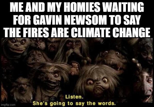 ME AND MY HOMIES WAITING FOR GAVIN NEWSOM TO SAY THE FIRES ARE CLIMATE CHANGE | made w/ Imgflip meme maker