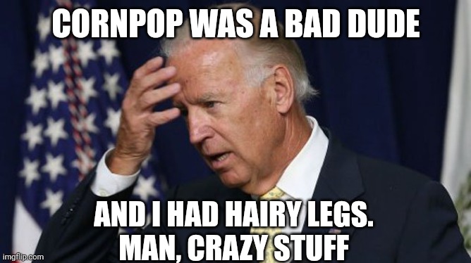 Joe Biden worries | CORNPOP WAS A BAD DUDE AND I HAD HAIRY LEGS.
MAN, CRAZY STUFF | image tagged in joe biden worries | made w/ Imgflip meme maker