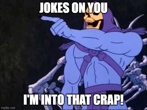 Skeletor | JOKES ON YOU I'M INTO THAT CRAP! | image tagged in skeletor | made w/ Imgflip meme maker