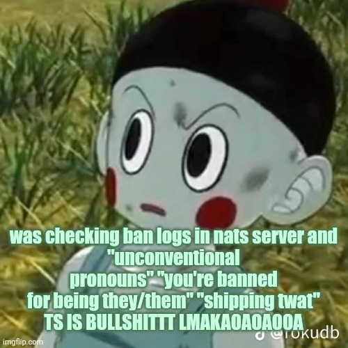 BITCH? | was checking ban logs in nats server and
"unconventional pronouns" "you're banned for being they/them" "shipping twat"
TS IS BULLSHITTT LMAKAOAOAOOA | image tagged in bitch | made w/ Imgflip meme maker