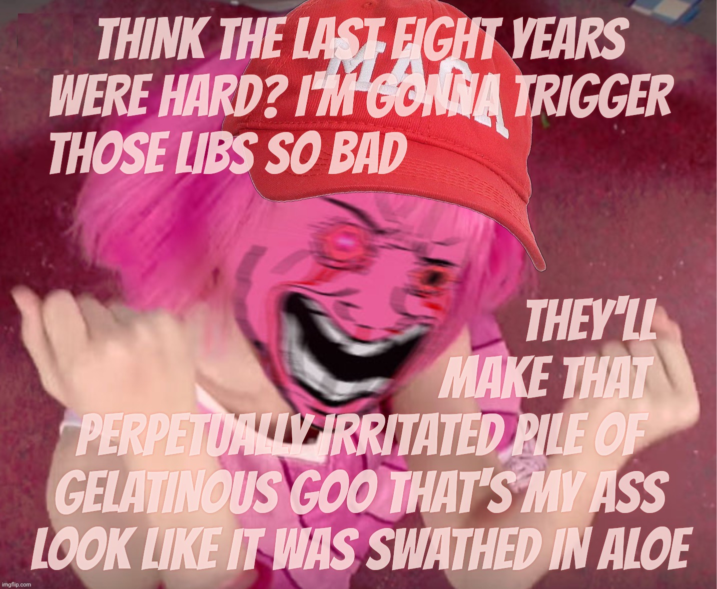 Pink Wojak Gal Mad going to show the Libz what triggered is,,, | THINK THE LAST EIGHT YEARS
WERE HARD? I'M GONNA TRIGGER
THOSE LIBS SO BAD; THEY'LL
                                 MAKE THAT
PERPETUALLY IRRITATED PILE OF
GELATINOUS GOO THAT'S MY ASS
LOOK LIKE IT WAS SWATHED IN ALOE | image tagged in pink wojak gal mad,wojak,maga,triggered,the butthurt is real,much aloe | made w/ Imgflip meme maker