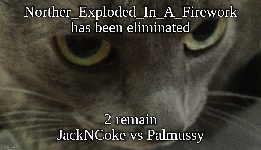 Sweetie | Norther_Exploded_In_A_Firework has been eliminated; 2 remain
JackNCoke vs Palmussy | image tagged in sweetie | made w/ Imgflip meme maker