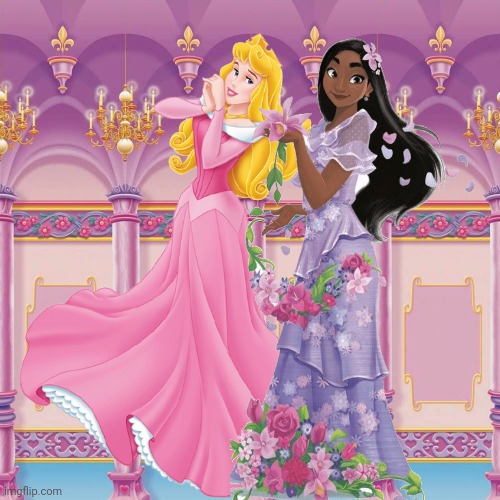 Isabela and Aurora | image tagged in encanto,encanto meme,isabela madrigal,aurora,disney princess,disney princesses | made w/ Imgflip meme maker