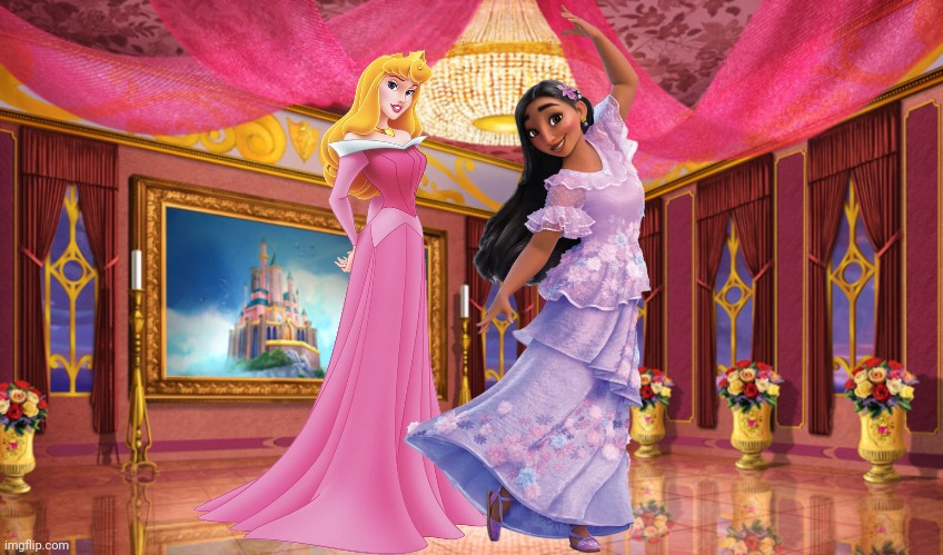 Aurora and Isabela | image tagged in disney princess place background 01,disney princess,disney princesses,isabela madrigal,encanto,beauty | made w/ Imgflip meme maker