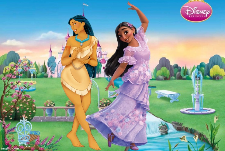 Pocahontas and Isabela Madrigal | image tagged in disney princess place background 05,encanto,isabela madrigal,pocahontas,disney princess,nature | made w/ Imgflip meme maker