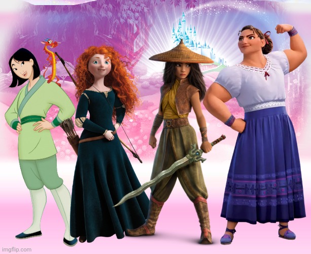 The Strong Princesses Along With Luisa Madrigal | image tagged in mulan,merida,raya,disney princess,disney princesses,luisa madrigal | made w/ Imgflip meme maker