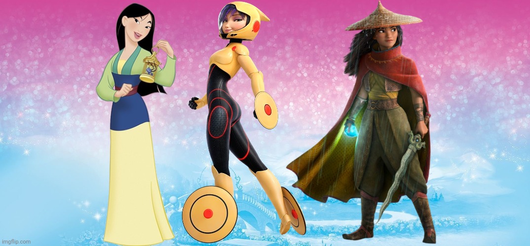 The Three Asian Disney Heronines | image tagged in disney females,disney heronines,asian females,mulan,big hero 6,raya and the last dragon | made w/ Imgflip meme maker