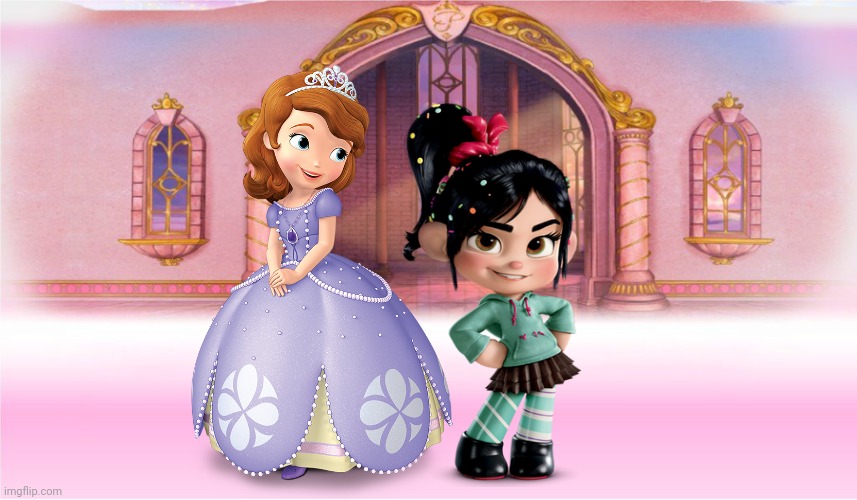 Sofia and Vanellope (Best Friends) | image tagged in disney princess place background 08,disney princess,disney princesses,vanellope von schweetz,sofia the first,wreck it ralph | made w/ Imgflip meme maker