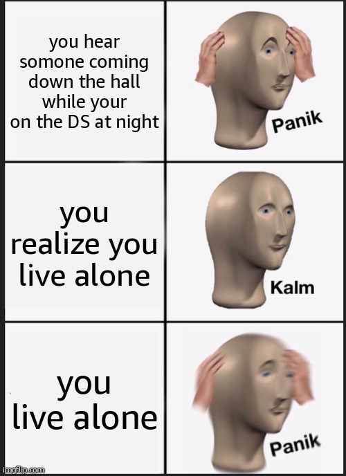 Panik Kalm Panik | you hear somone coming down the hall while your on the DS at night; you realize you live alone; you live alone | image tagged in memes,panik kalm panik | made w/ Imgflip meme maker