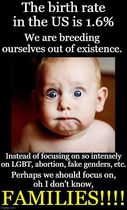 The left seems to promote everything that prevents us from having more children.  Hmm... methinks the left is a death cult. | The birth rate in the US is 1.6%; We are breeding ourselves out of existence. Instead of focusing on so intensely on LGBT, abortion, fake genders, etc. Perhaps we should focus on,
oh I don't know, FAMILIES!!!! | image tagged in at this rate we'll be gone in 50 years | made w/ Imgflip meme maker