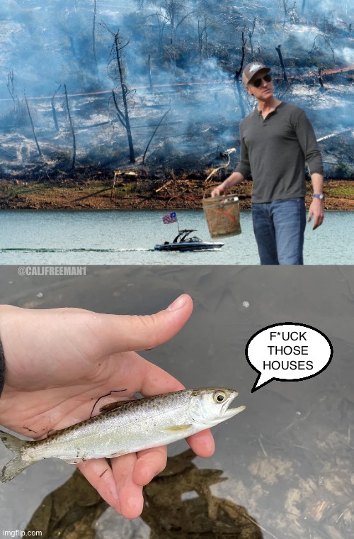 Newsom saving the salmon… | @CALJFREEMAN1; F*UCK THOSE HOUSES | image tagged in california fires,california,maga,donald trump,liberals,democrats | made w/ Imgflip meme maker