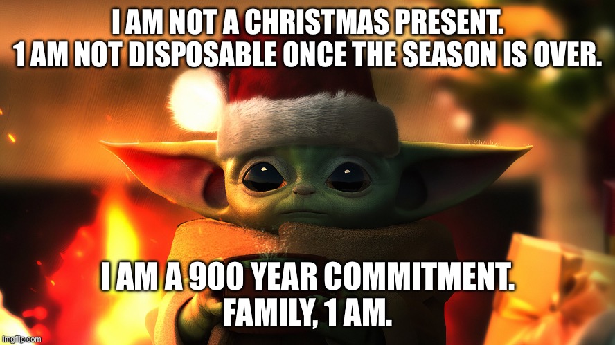 Present | I AM NOT A CHRISTMAS PRESENT.
1 AM NOT DISPOSABLE ONCE THE SEASON IS OVER. I AM A 900 YEAR COMMITMENT.
FAMILY, 1 AM. | image tagged in baby yoda christmas,christmas | made w/ Imgflip meme maker