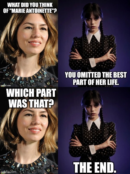 Wednesday Addams meets Sofia Coppola | WHICH PART WAS THAT? THE END. | image tagged in wednesday addams,sofia coppola,jenna ortega,marie antoinette,dark humor,critique | made w/ Imgflip meme maker