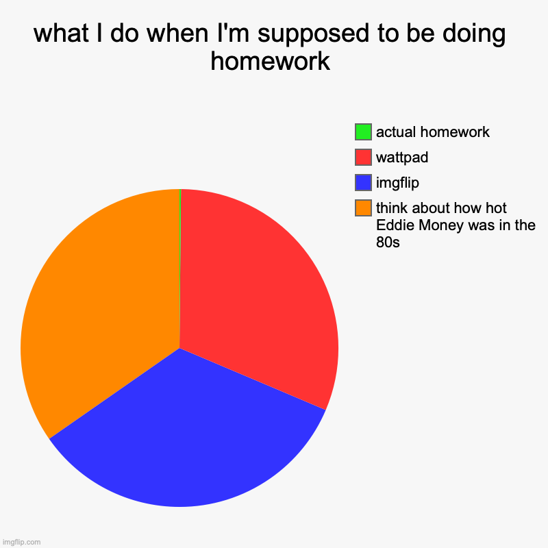 Comment what you do | what I do when I'm supposed to be doing homework | think about how hot Eddie Money was in the 80s, imgflip, wattpad, actual homework | image tagged in charts,pie charts | made w/ Imgflip chart maker