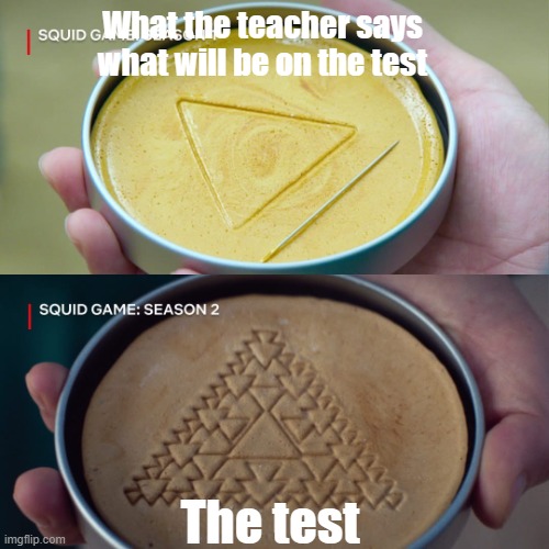 School Exams | What the teacher says what will be on the test; The test | image tagged in squid game 2 | made w/ Imgflip meme maker