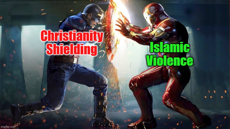 Christianity shielding | Christianity Shielding; Islamic Violence | image tagged in captain america vs iron man,islamic terrorism,jihad,christianity,christians,jesus christ | made w/ Imgflip meme maker