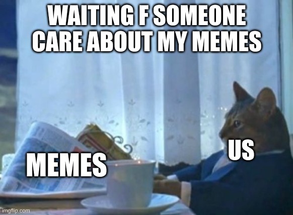 waiting for memes | WAITING F SOMEONE CARE ABOUT MY MEMES; US; MEMES | image tagged in memes,i should buy a boat cat,funny memes | made w/ Imgflip meme maker