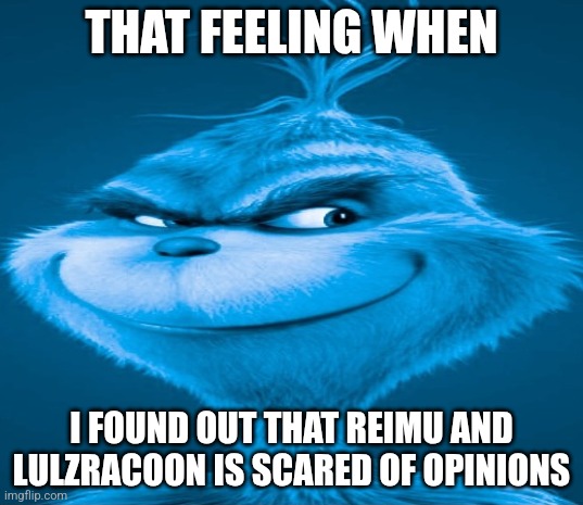 Blue Grinch | THAT FEELING WHEN; I FOUND OUT THAT REIMU AND LULZRACOON IS SCARED OF OPINIONS | image tagged in blue grinch | made w/ Imgflip meme maker