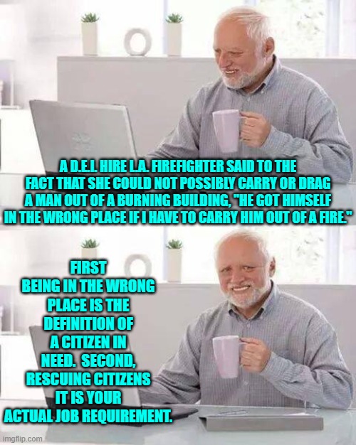 D.E.I. hires have consequences. | FIRST BEING IN THE WRONG PLACE IS THE DEFINITION OF A CITIZEN IN NEED.  SECOND, RESCUING CITIZENS IT IS YOUR ACTUAL JOB REQUIREMENT. A D.E.I. HIRE L.A. FIREFIGHTER SAID TO THE FACT THAT SHE COULD NOT POSSIBLY CARRY OR DRAG A MAN OUT OF A BURNING BUILDING, "HE GOT HIMSELF IN THE WRONG PLACE IF I HAVE TO CARRY HIM OUT OF A FIRE." | image tagged in hide the pain harold | made w/ Imgflip meme maker