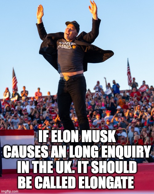 Bit Of A Stretch | IF ELON MUSK CAUSES AN LONG ENQUIRY IN THE UK. IT SHOULD BE CALLED ELONGATE | image tagged in elon musk,uk politics | made w/ Imgflip meme maker