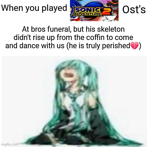 Sad ? | Ost's; When you played; At bros funeral, but his skeleton didn't rise up from the coffin to come and dance with us (he is truly perished💔) | image tagged in blank,hatsune miku,sonic the hedgehog,video games | made w/ Imgflip meme maker