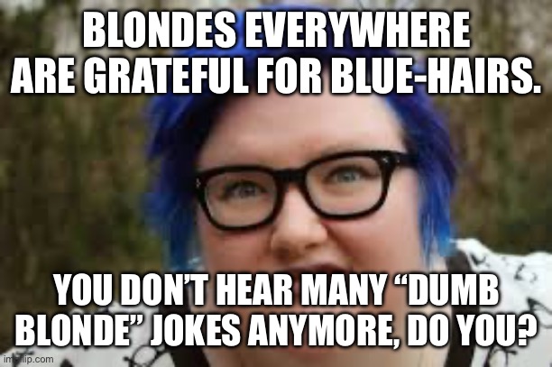 400 lb blue haired ham planet | BLONDES EVERYWHERE ARE GRATEFUL FOR BLUE-HAIRS. YOU DON’T HEAR MANY “DUMB BLONDE” JOKES ANYMORE, DO YOU? | image tagged in 400 lb blue haired ham planet | made w/ Imgflip meme maker