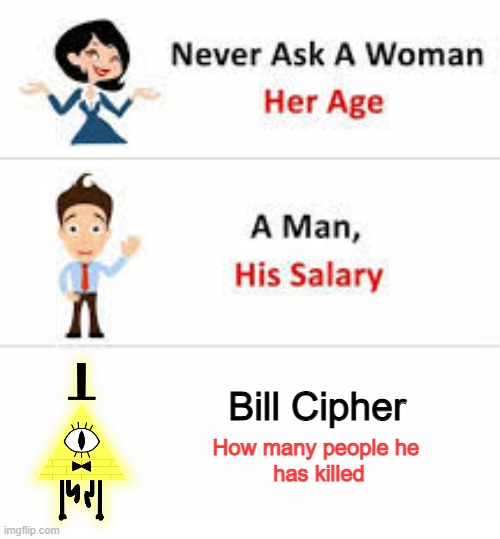 Gravity Falls meme | Bill Cipher; How many people he 
has killed | image tagged in never ask a woman her age | made w/ Imgflip meme maker