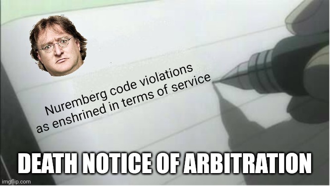 death note blank | Nuremberg code violations as enshrined in terms of service; DEATH NOTICE OF ARBITRATION | image tagged in death note blank | made w/ Imgflip meme maker