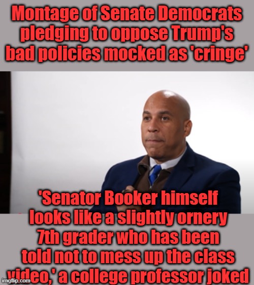 The professor is right, Dems care nothing about the country or the US citizen. It should be plain for everyone to see by now. | Montage of Senate Democrats pledging to oppose Trump's bad policies mocked as 'cringe'; 'Senator Booker himself looks like a slightly ornery 7th grader who has been told not to mess up the class video,' a college professor joked | made w/ Imgflip meme maker