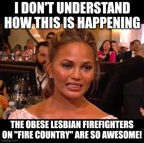 life doesn't always imitate art | I DON'T UNDERSTAND HOW THIS IS HAPPENING; THE OBESE LESBIAN FIREFIGHTERS ON "FIRE COUNTRY" ARE SO AWESOME! | image tagged in awkward chrissy teigen | made w/ Imgflip meme maker