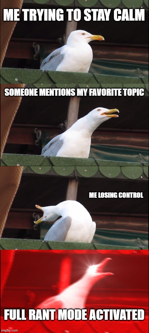 Inhaling Seagull | ME TRYING TO STAY CALM; SOMEONE MENTIONS MY FAVORITE TOPIC; ME LOSING CONTROL; FULL RANT MODE ACTIVATED | image tagged in memes,inhaling seagull | made w/ Imgflip meme maker