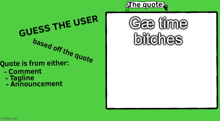 Guess thy user | Gæ time bitches | image tagged in guess thy user | made w/ Imgflip meme maker