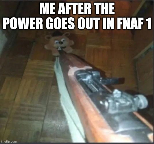 Freddy...... | ME AFTER THE POWER GOES OUT IN FNAF 1 | image tagged in gun pointing at freddy | made w/ Imgflip meme maker