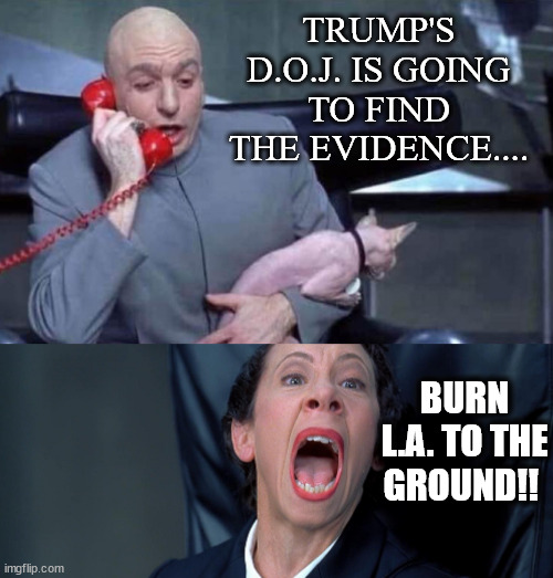 Hard to collect evidence of pedo parties when everything is ash. | TRUMP'S D.O.J. IS GOING TO FIND THE EVIDENCE.... BURN L.A. TO THE GROUND!! | image tagged in dr evil and frau | made w/ Imgflip meme maker