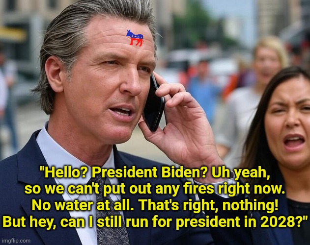 Looks like Harris wasn't the only Democrat who lost the presidency. Newsom just joined her in total disgrace! | "Hello? President Biden? Uh yeah, so we can't put out any fires right now. No water at all. That's right, nothing! But hey, can I still run for president in 2028?" | image tagged in gavin newsom on phone,failure,dreams,stupid liberals,liberal hypocrisy,crying democrats | made w/ Imgflip meme maker