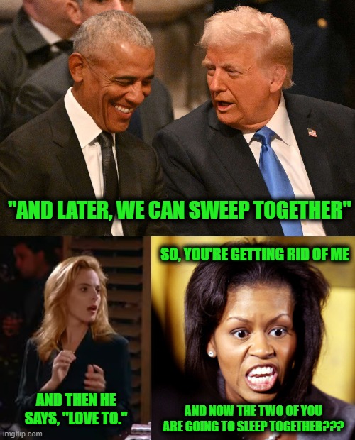 She's not a Novelty Act, Michelle | "AND LATER, WE CAN SWEEP TOGETHER"; SO, YOU'RE GETTING RID OF ME; AND NOW THE TWO OF YOU ARE GOING TO SLEEP TOGETHER??? AND THEN HE SAYS, "LOVE TO." | image tagged in obama trump | made w/ Imgflip meme maker