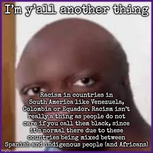 And the N wodr doesn’t exist there either | I’m y’all another thing; Racism in countries in South America like Venezuela, Colombia or Equador. Racism isn’t really a thing as people do not care if you call them black, since it’s normal there due to these countries being mixed between Spanish and indigenous people (and Africans) | image tagged in bald ksi,msmg | made w/ Imgflip meme maker