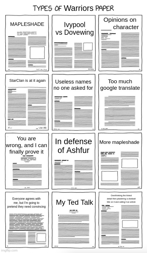 Types of Scientific Paper | Warriors; Opinions on ___ character; MAPLESHADE; Ivypool vs Dovewing; Too much google translate; Useless names no one asked for; StarClan is at it again; You are wrong, and I can finally prove it; In defense of Ashfur; More mapleshade; Everyone agrees with me, but I'm going to pretend they need convincing; Overthinking the tiniest detail then plastering a clickbait title on it and calling it an article; My Ted Talk | image tagged in types of scientific paper | made w/ Imgflip meme maker
