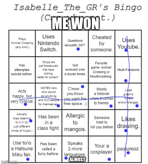 me try this, I'ma go make me own | ME WON; ALMOST | image tagged in isabelle_the_gr's bingo card | made w/ Imgflip meme maker