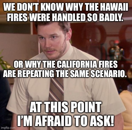 Democrat leadership | WE DON’T KNOW WHY THE HAWAII FIRES WERE HANDLED SO BADLY. OR WHY THE CALIFORNIA FIRES ARE REPEATING THE SAME SCENARIO. AT THIS POINT I’M AFRAID TO ASK! | image tagged in memes,afraid to ask andy | made w/ Imgflip meme maker