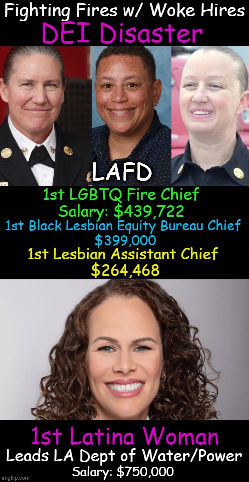 You Had One Job!  Fires Contained  0% ~~ DEI Hires 100% | Fighting Fires w/ Woke Hires; DEI Disaster; LAFD; 1st LGBTQ Fire Chief
Salary: $439,722; 1st Black Lesbian Equity Bureau Chief 
$399,000; 1st Lesbian Assistant Chief 
$264,468; 1st Latina Woman; Leads LA Dept of Water/Power; Salary: $750,000 | image tagged in la fires,diversity hires,dei,you had one job,professionals have standards,political humor | made w/ Imgflip meme maker