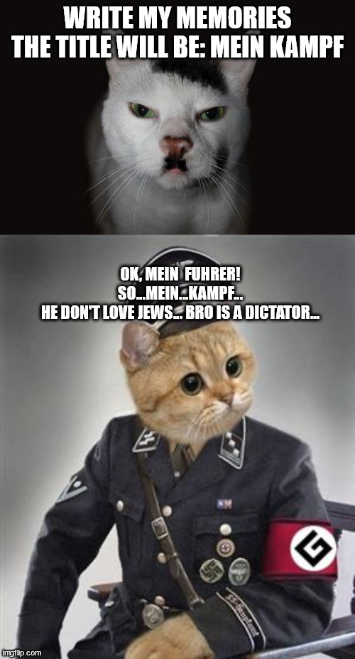 POV: How mein kampf has been wrote | WRITE MY MEMORIES
THE TITLE WILL BE: MEIN KAMPF; OK, MEIN  FUHRER!

SO...MEIN...KAMPF...



HE DON'T LOVE JEWS... BRO IS A DICTATOR... | image tagged in hitler cat,grammar nazi cat,cats,nazi,hitler | made w/ Imgflip meme maker