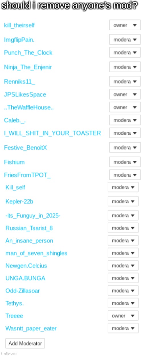 every owner is me btw | should i remove anyone's mod? | made w/ Imgflip meme maker