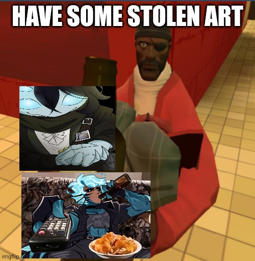 Art is fine artisan work! | HAVE SOME STOLEN ART | image tagged in here have some scrumpy,art,fish,sea god,shandzii | made w/ Imgflip meme maker