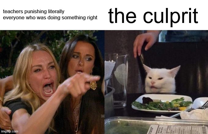 Woman Yelling At Cat | teachers punishing literally everyone who was doing something right; the culprit | image tagged in memes,woman yelling at cat | made w/ Imgflip meme maker