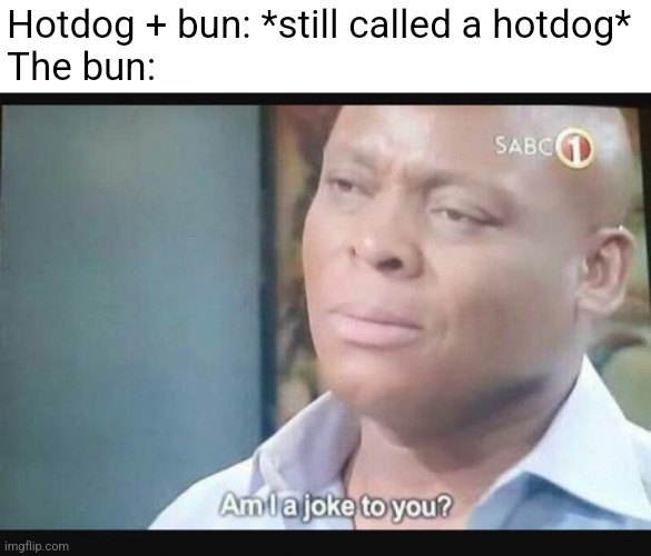 Sometimes I don't even eat the bun | Hotdog + bun: *still called a hotdog*
The bun: | image tagged in am i a joke to you | made w/ Imgflip meme maker