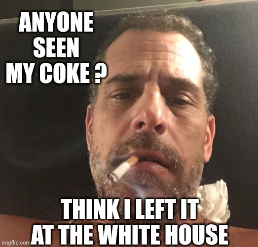 Hunter Biden | ANYONE SEEN MY COKE ? THINK I LEFT IT AT THE WHITE HOUSE | image tagged in hunter biden | made w/ Imgflip meme maker