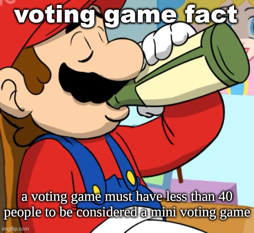 mario drinking | voting game fact; a voting game must have less than 40 people to be considered a mini voting game | image tagged in mario drinking | made w/ Imgflip meme maker