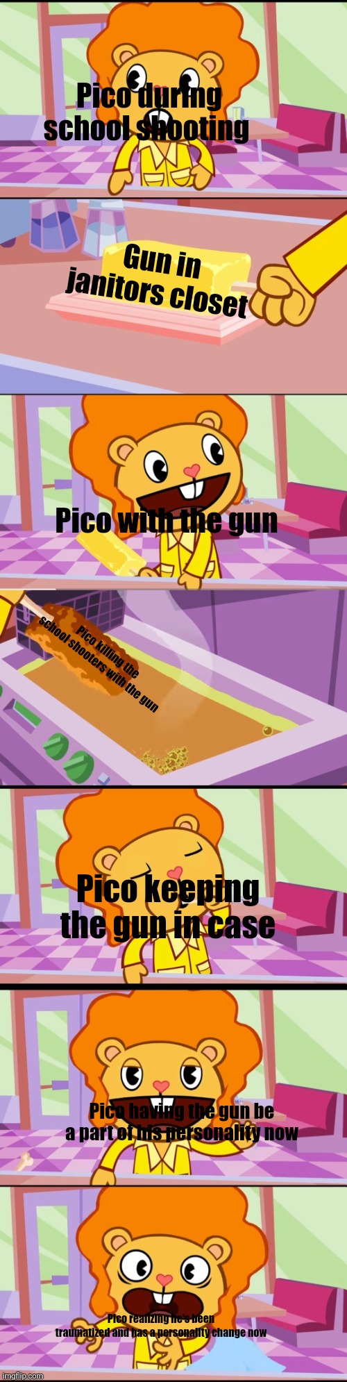 Disco bear has a heart attack | Pico during school shooting; Gun in janitors closet; Pico with the gun; Pico killing the school shooters with the gun; Pico keeping the gun in case; Pico having the gun be a part of his personality now; Pico realizing he's been traumatized and has a personality change now | image tagged in disco bear has a heart attack,pico's school,pico,guns | made w/ Imgflip meme maker