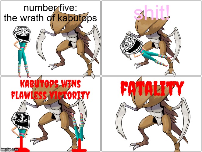 barbie faces the wrath of kabutops | number five: the wrath of kabutops; shit! kabutops wins flawless victority; fatality | image tagged in memes,blank comic panel 2x2,barbie dies,pwned,kabutops,pokemon | made w/ Imgflip meme maker